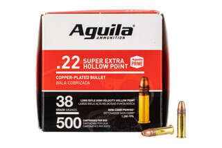 Aguila Super Extra 22lr copper plated hollow point rimfire ammo in a box of 500 rounds